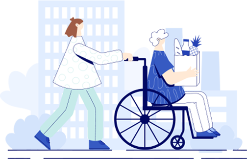 Illustration of woman grocery shopping with elderly woman in wheelchair
